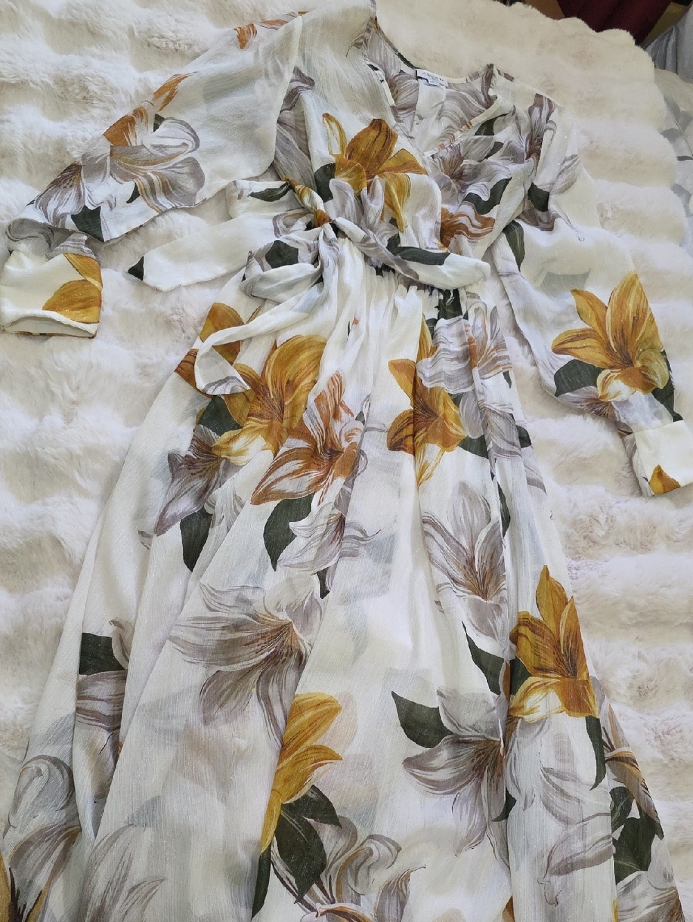 White Floral Tie-Waist Maxi Dress with Mustard & Olive Blooms